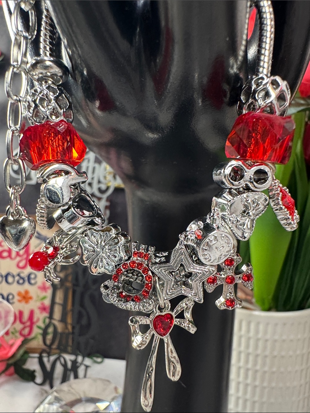 Red Crystal Charm Statement Necklace - Women Jewelry